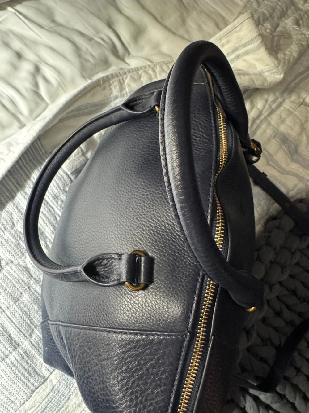 Tory Burch Navy Leather Satchel with Gold Tassel Charm